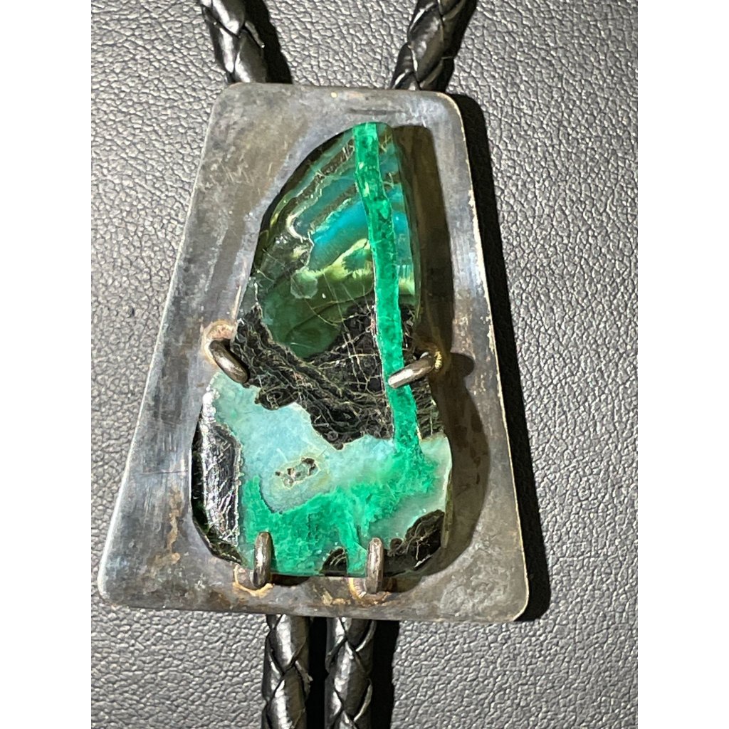 Vintage Gem Silica & Malachite Bolo Tie - Sterling Silver Artisan Statement
